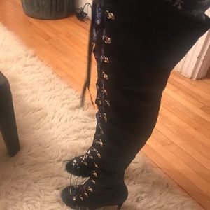 Thigh high open toe boots